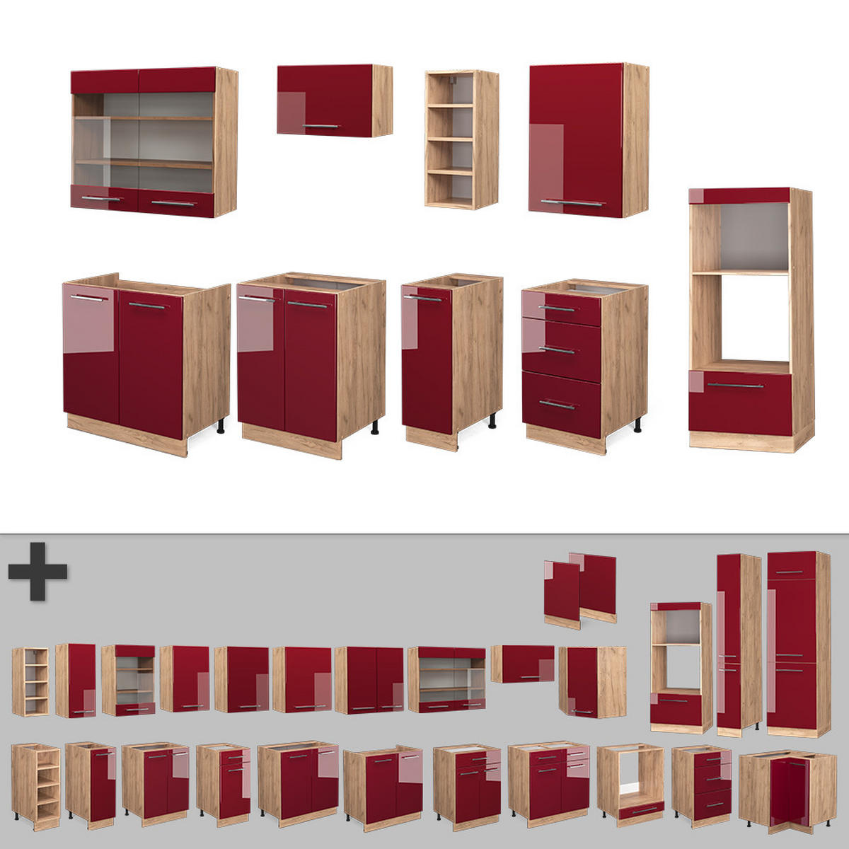 KÜCHENZEILE Fame-Line Bordeaux Hochglanz/Goldkraft Eiche 280 cm ohne AP - Bordeaux/Eiche Wotan, Holzwerkstoff (280/81.6/46cm) - Vicco