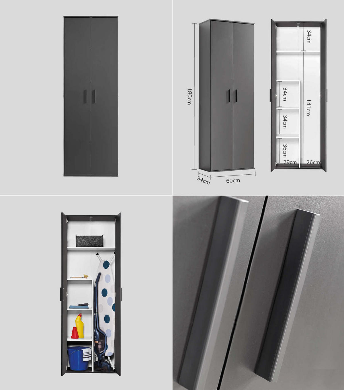 MEHRZWECKSCHRANK SET Der Allzweckwaffe - Anthrazit/Schwarz, Holzwerkstoff (60/180/34cm) - Mokebo