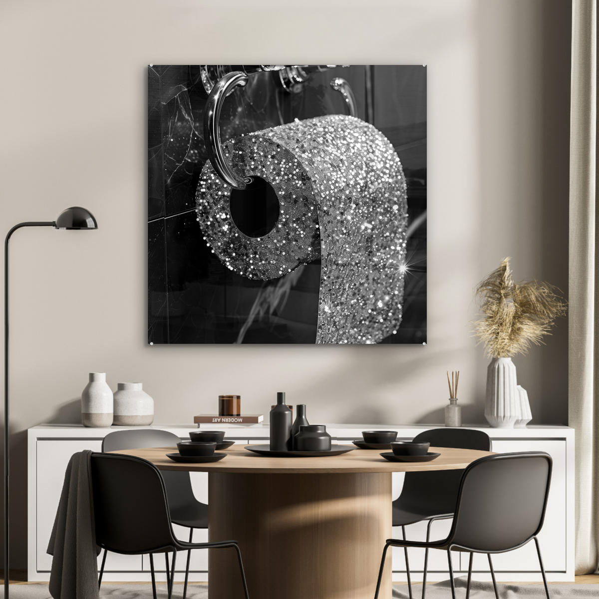 ACRYLGLASBILD WC - Toilettenpapier - Schwarz und weiß - Glitter 90x90 cm - Silberfarben, Glas (90/90cm) - MuchoWow