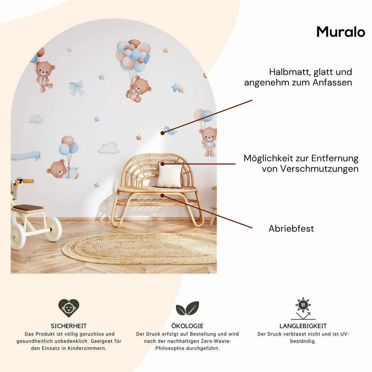 WANDSTICKER Teddybären Ballons Sterne Wolken 60x30 - Beige/Braun, Papier (60/30/1cm) - Muralo