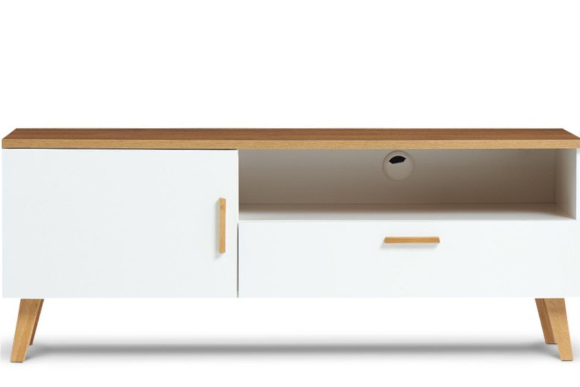 LOWBOARD FRISK TV-Schränke mit Schublade und Türe, weiß - Eichefarben/Weiß, Eichenholz/Holzwerkstoff (126/49/46cm) - KONSIMO®