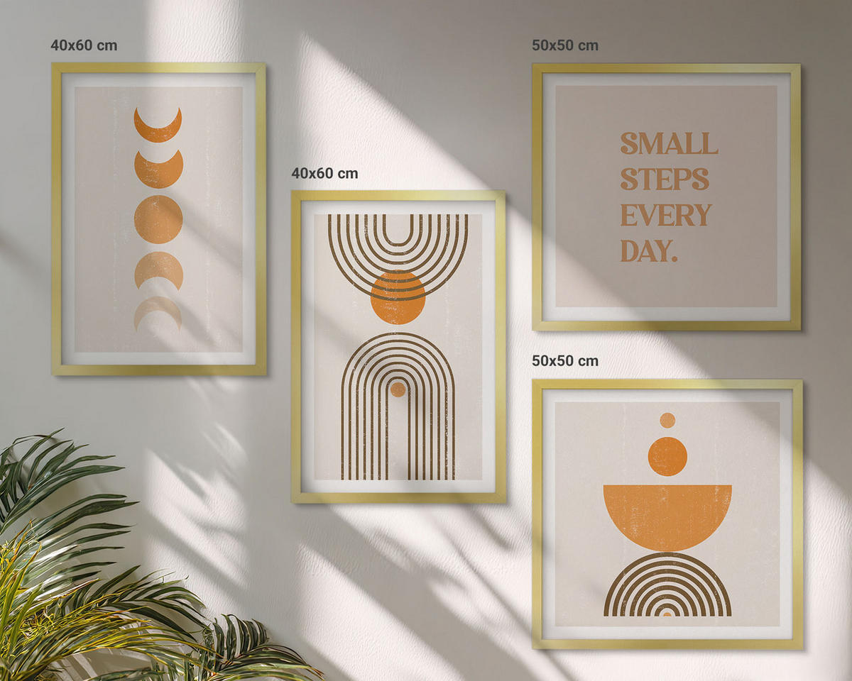 WANDBILDER 4er Set - 50x50 cm & 40x60 cm Goldrahmen - Minimalistische Boho-Muster - Goldfarben, Kunststoff (50/50cm) - ArtPrintCave
