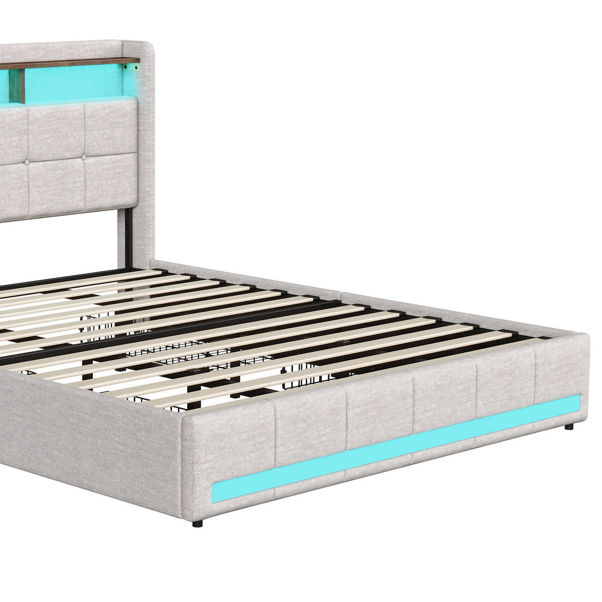 POLSTERBETT 180x200 cm mit LED, USB & USB-C, 4 Schubladen und Stauraum-Kopfteil, Beige - Beige, Holz (180/200cm)