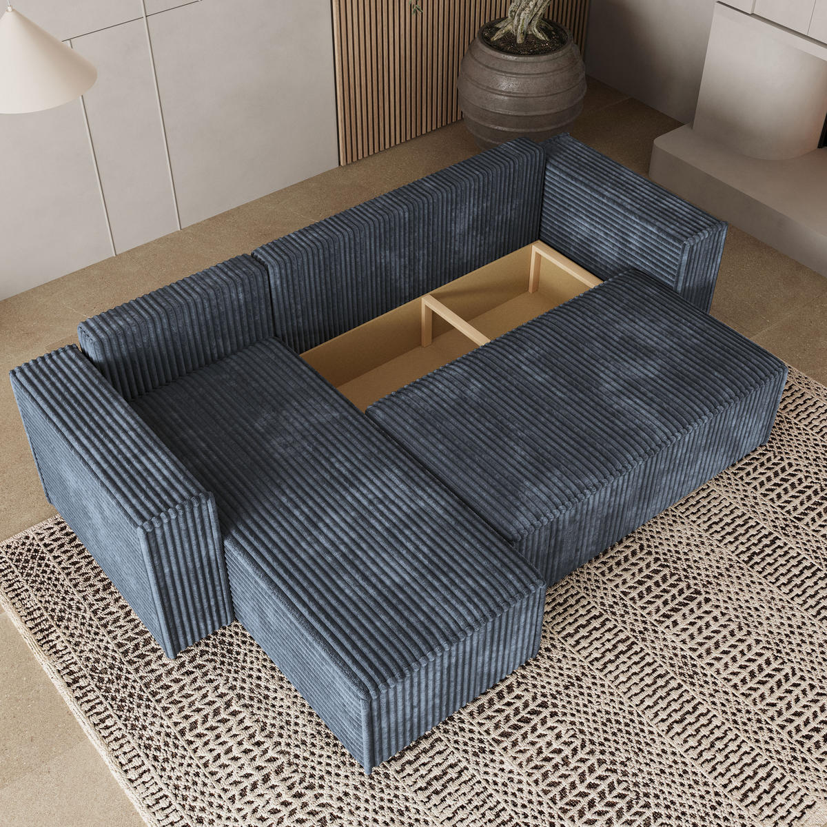 ECKSOFA RAVELO T Grau Kordstoff mit Schlaffunktion - Grau, Holz/Kunststoff (240/140cm) - MASSENO