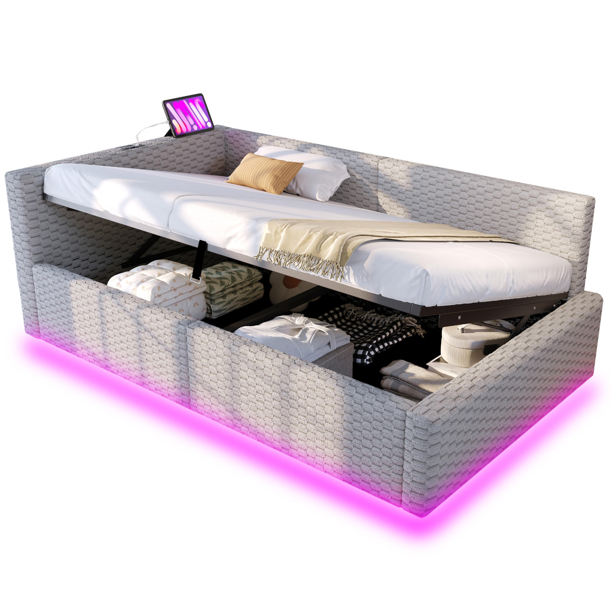 POLSTERBETT 90/200 cm grau aus Samt mit Stauraum, LED und USB - Grau, Holzwerkstoff (90/200cm) - OKWISH