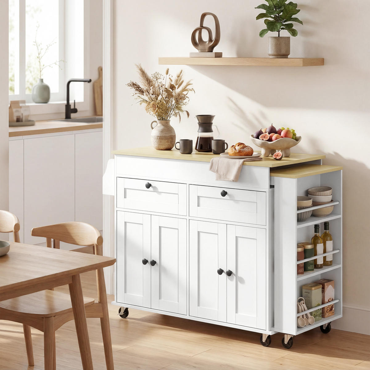 KÜCHENINSEL DE-11333 Ausziehbarer Arbeitstisch mit 2 Schubladen Weiß - Weiß, Holzwerkstoff (127.2/87.8/50cm) - ComfortXL
