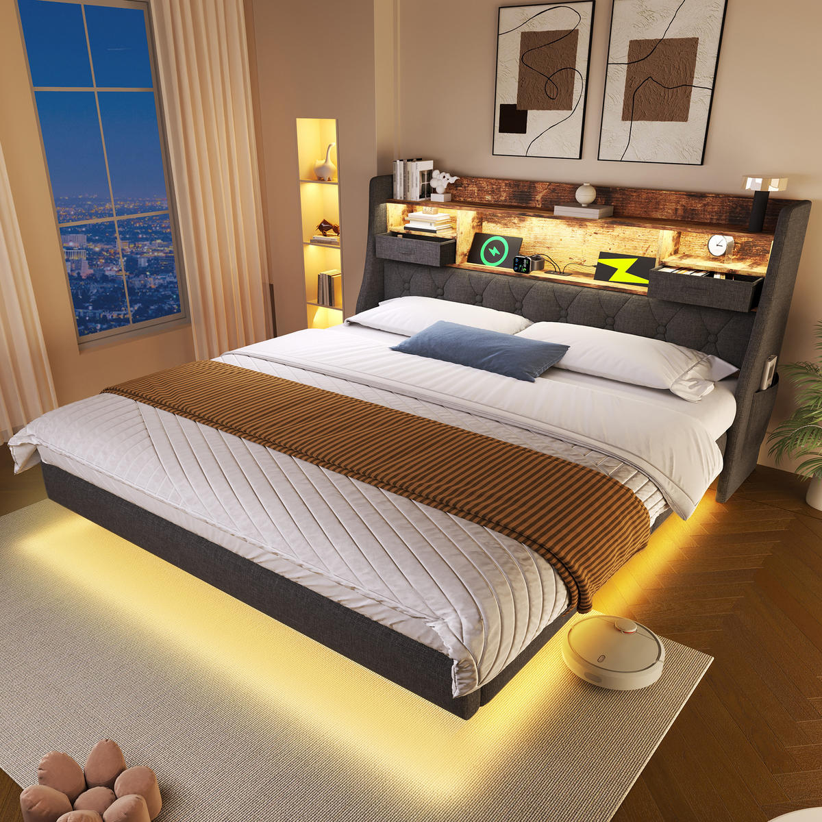 POLSTERBETT mit LED und Ladestation 140x200 cm Leinen Grau inkl. Matratze - Grau, Holz (140/200cm) - Meubliv