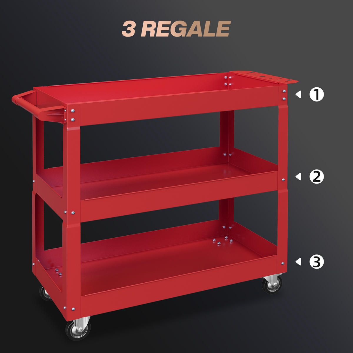 WERKSTATTWAGEN mit 3 Etagen, Werkzeugwagen leer bis 150 kg, Rot - Rot, Metall (35.3/76/83cm) - DURHAND