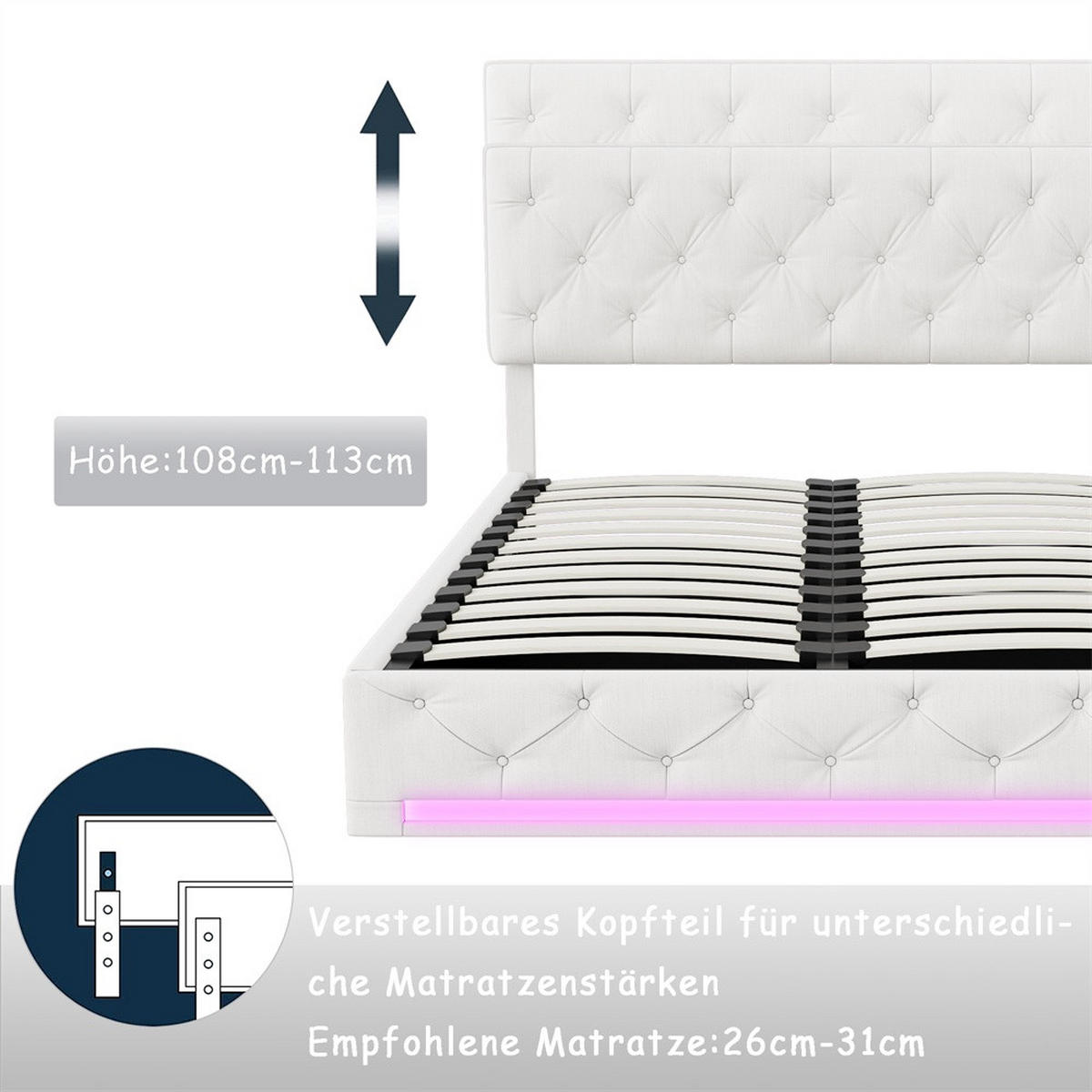 POLSTERBETT 140x200 cm mit LED-Beleuchtung - hydraulischem Bettkasten - ohne Matratze - Off-White - Creme, Textil (140/200cm) - DELFA