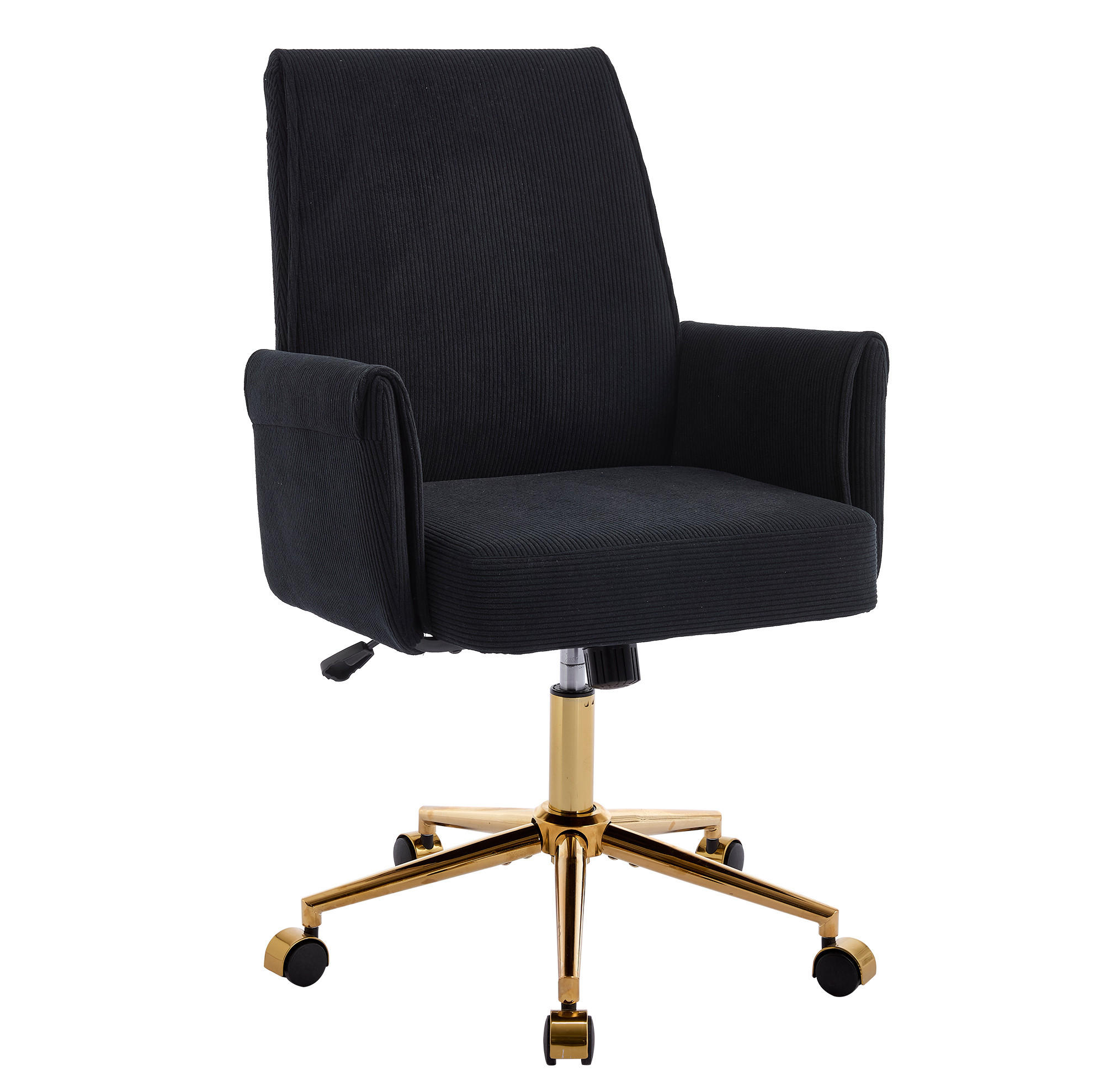 DREHSTUHL 64/61/107 cm schwarz aus Cord mit ergonomischer Rückenlehne und goldfarbenem Metallgestell - Schwarz, Textil (61/107/64cm) - OKWISH