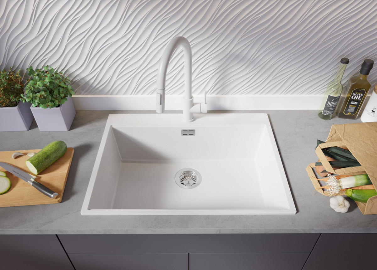 GRANITSPÜLE Oslo, 2-er set Alles Weiß 68/50 cm 1 Becken + Küchenarmatur 38/14 cm + Ablauf-Set + Schneidebrett ab 70er Unterschrank - Beige/Weiß, Kunststoff (68/20/50cm) - Primagran