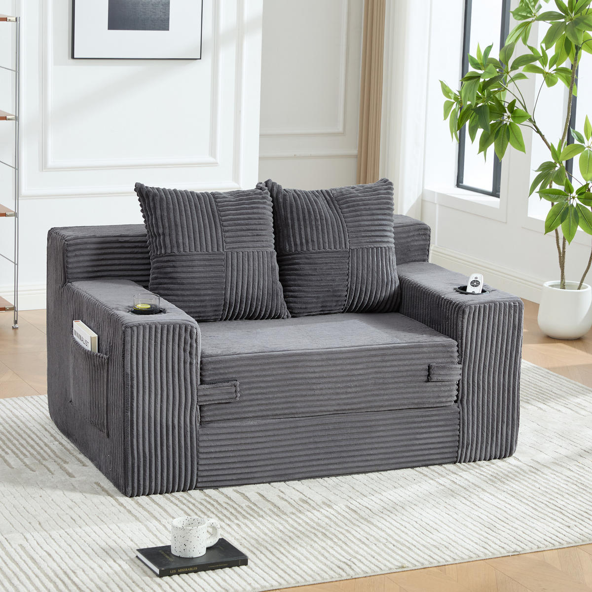 SCHLAFSOFA 2-in-1 mit Hocker, 2 Kissen und Becherhalter, DE-42913, Grau - Grau, Textil (133/64/87cm) - ComfortXL