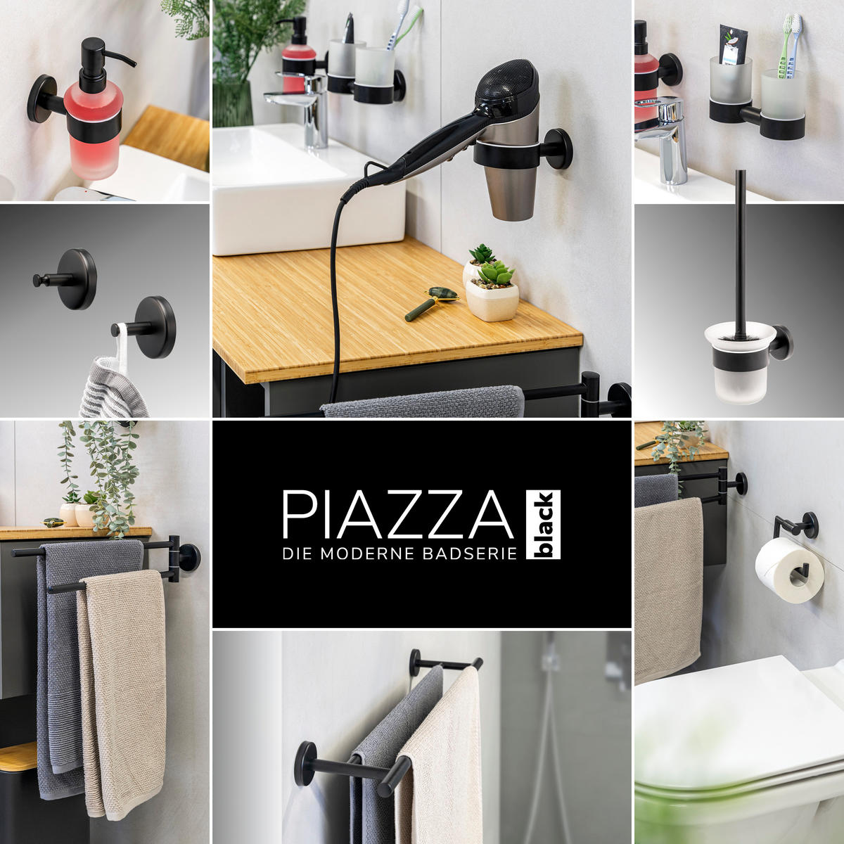 TOILETTENPAPIERHALTER PIAZZA BLACK, Glas schwarz, Edelstahl, inkl. Klebeset - Schwarz, Metall (15.5/11/6cm) - bremermann