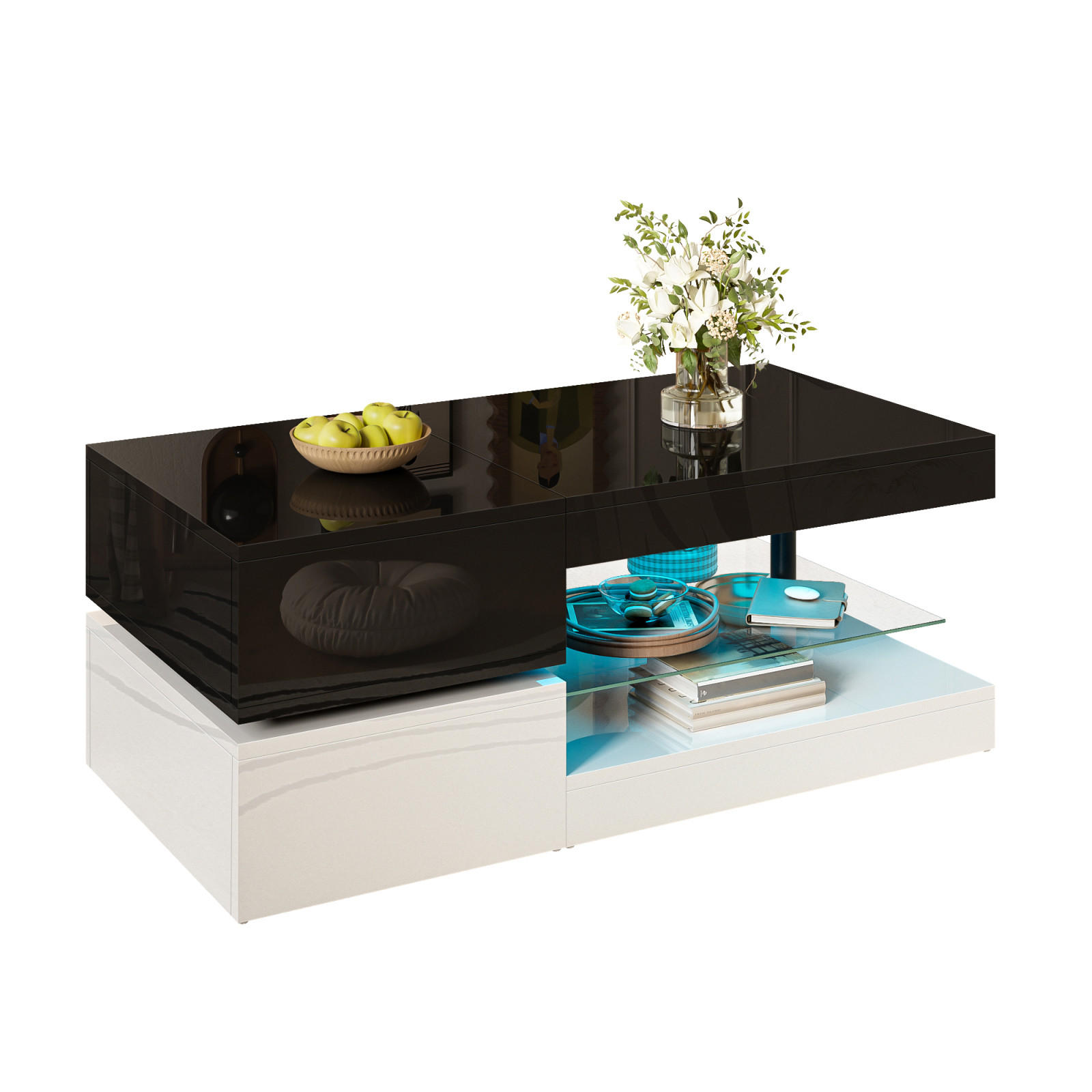 COUCHTISCH Schwarz Weiß mit LED und Glasablage - Schwarz, Metall (90/45/34cm)