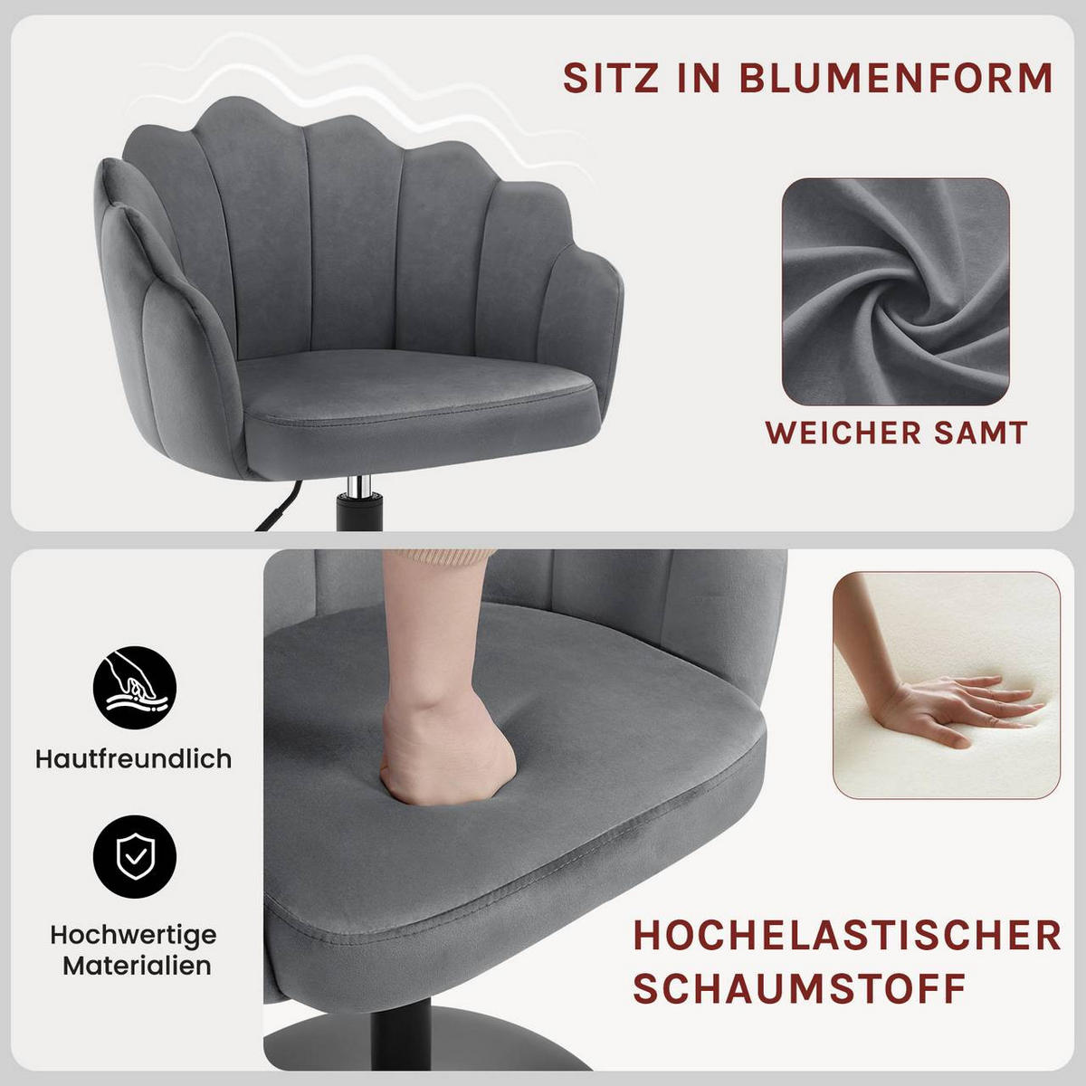 DREHSTUHL, Blumenform, Smt, Schminkstuhl, Dunkelgrau - Dunkelgrau/Schwarz, Textil/Metall (55/67/50cm) - Woltu