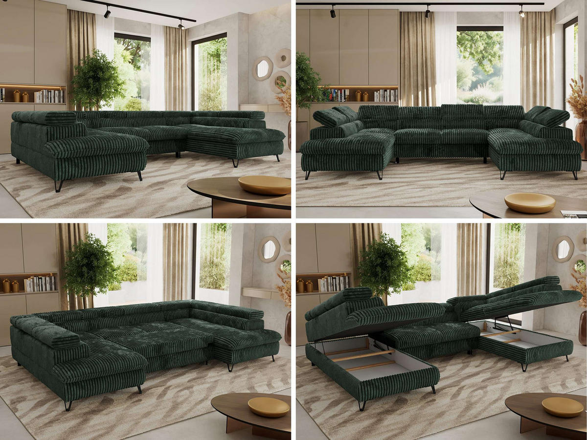 WOHNLANDSCHAFT PABLO U Cord Dunkelgrün mit Topper T25 - Schwarz/Grün, Textil/Metall (346/76/208cm) - MKS