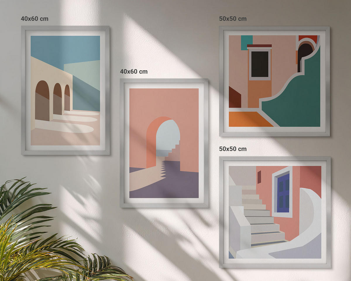 BILDER SET 4er Set - 50x50 cm & 40x60 cm Silberner Rahmen - Minimalistische Pastellgrafiken - Silberfarben, Kunststoff (50/50cm) - TULUP