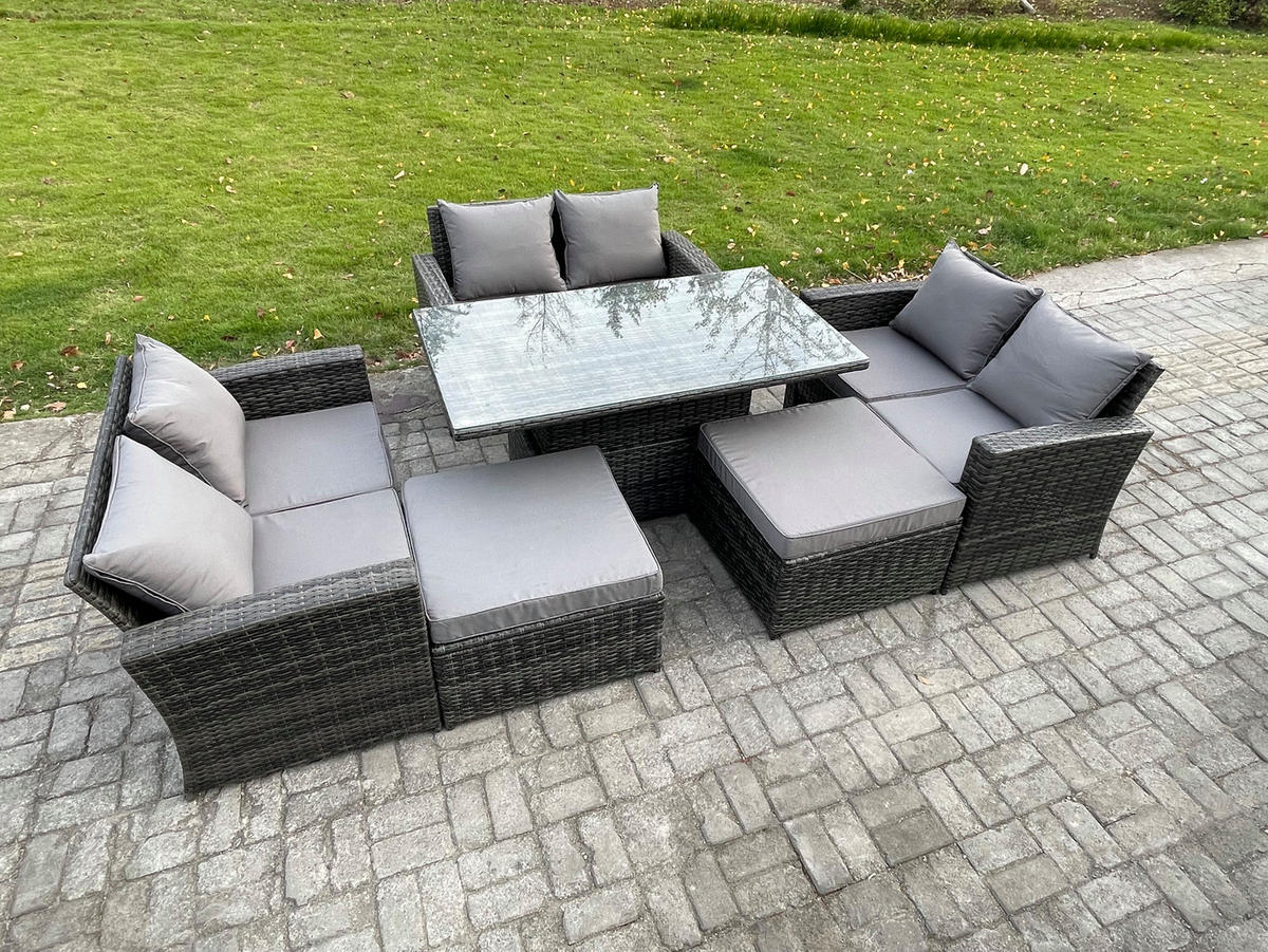 GARTENMÖBEL-SET HÖHENVERSTELLBARER ESSTISCH MIT 2 HOCKER DOPPELSITZ-SOFA Polyrattan Dunkelgrau Gemischt 8-Sitzer - Dunkelgrau, Metall - Fimous