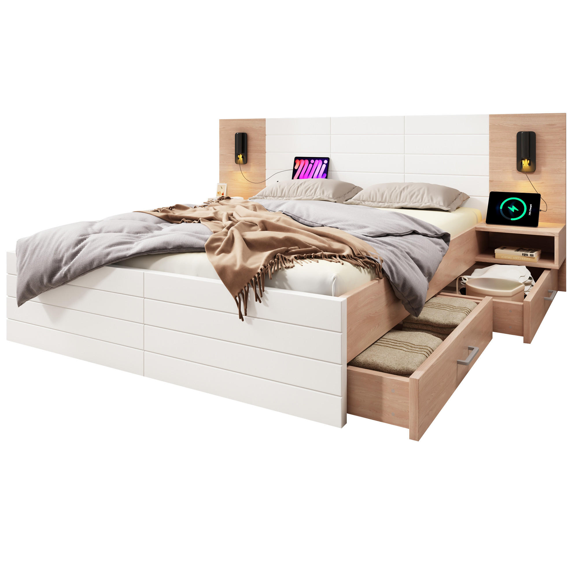 DOPPELBETT 180/200 cm mit Leselicht, USB-Anschluss, 2 Schubladen und 2 Nachtkommoden, Weiß/Eiche - Weiß, Holzwerkstoff (180/200cm) - Redom