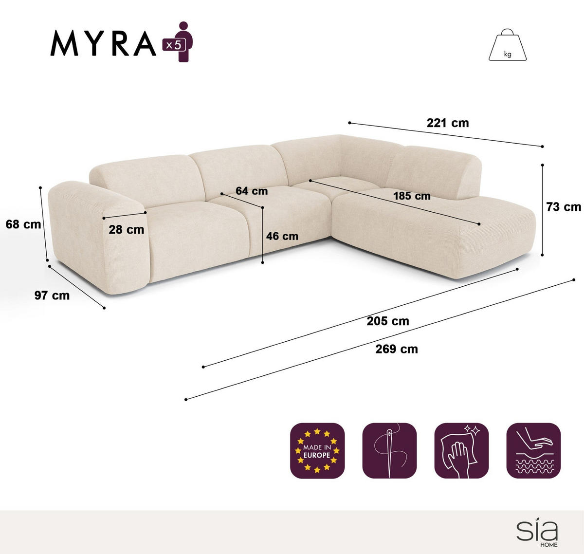 ECKSOFA RECHTS Rastergewebe Hellgrau 269cm - Hellgrau/Grau, Textil (269/221cm) - Sia Home