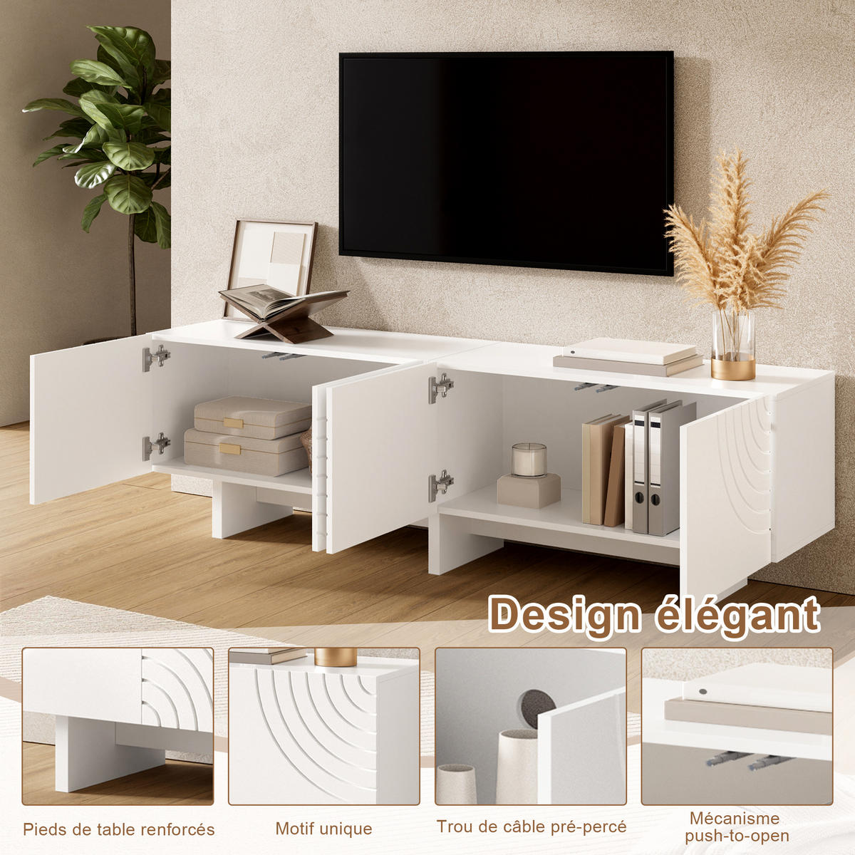 TV-ELEMENTTV Schrank Weiß 170x35x50cmModernes Lowboard 4 Türen geometrisches Bogenmuster - Weiß, Holz (48.01/18.29/96.01cm) - Raelunyi