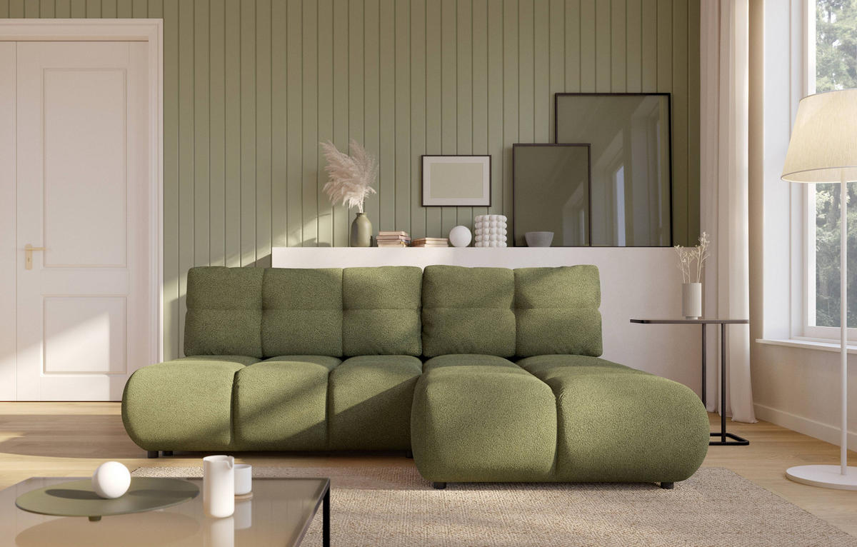 ECKSOFA CORSO R-S Grün Boucle-Stoff mit Schlaffunktion - Grün, Holz (230/177cm) - MASSENO