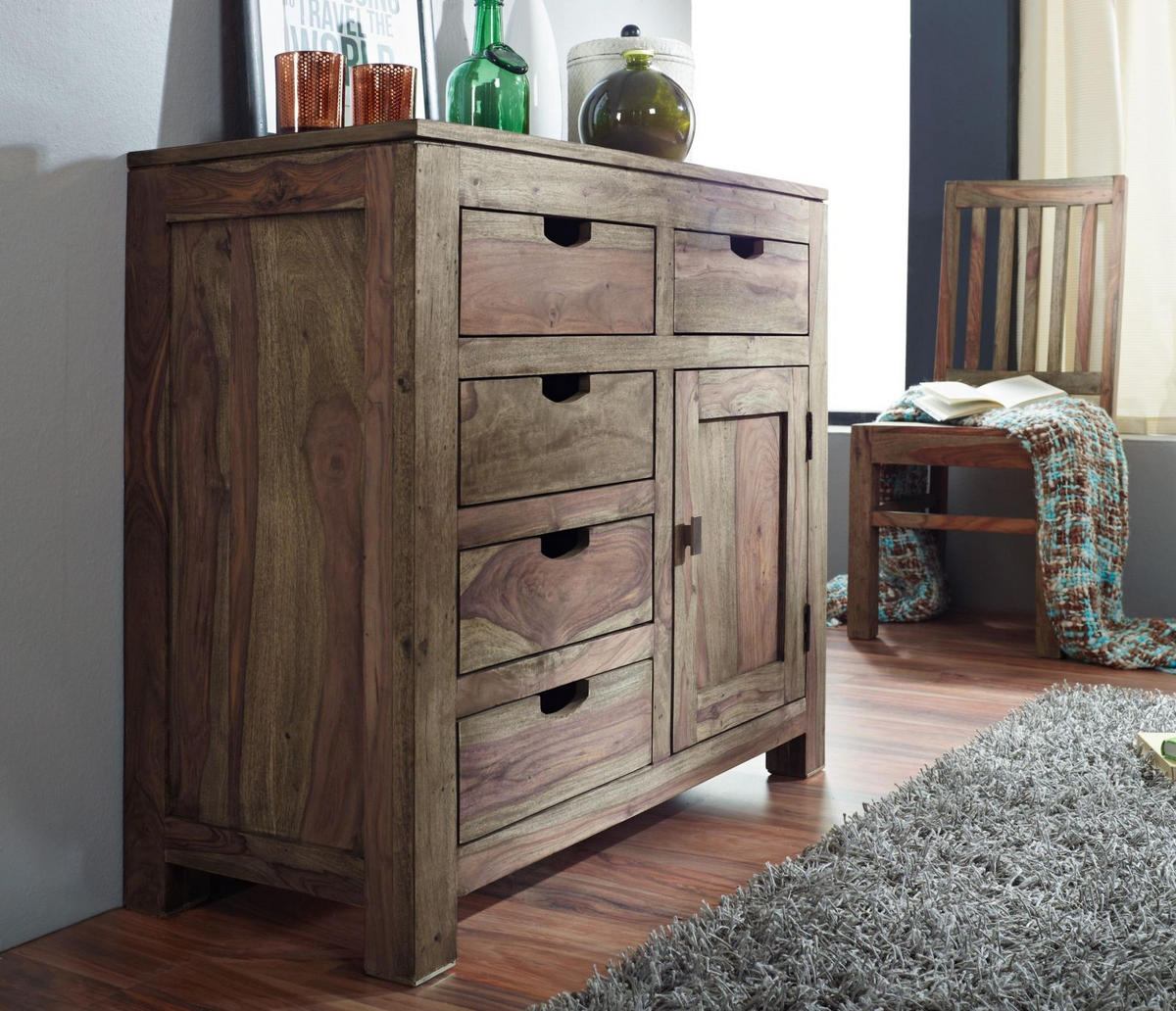 KOMMODE Sheesham 90x42x85 grau geölt NATURE GREY #88 - Grau, Holz (90/85/42cm) - Massivmoebel24