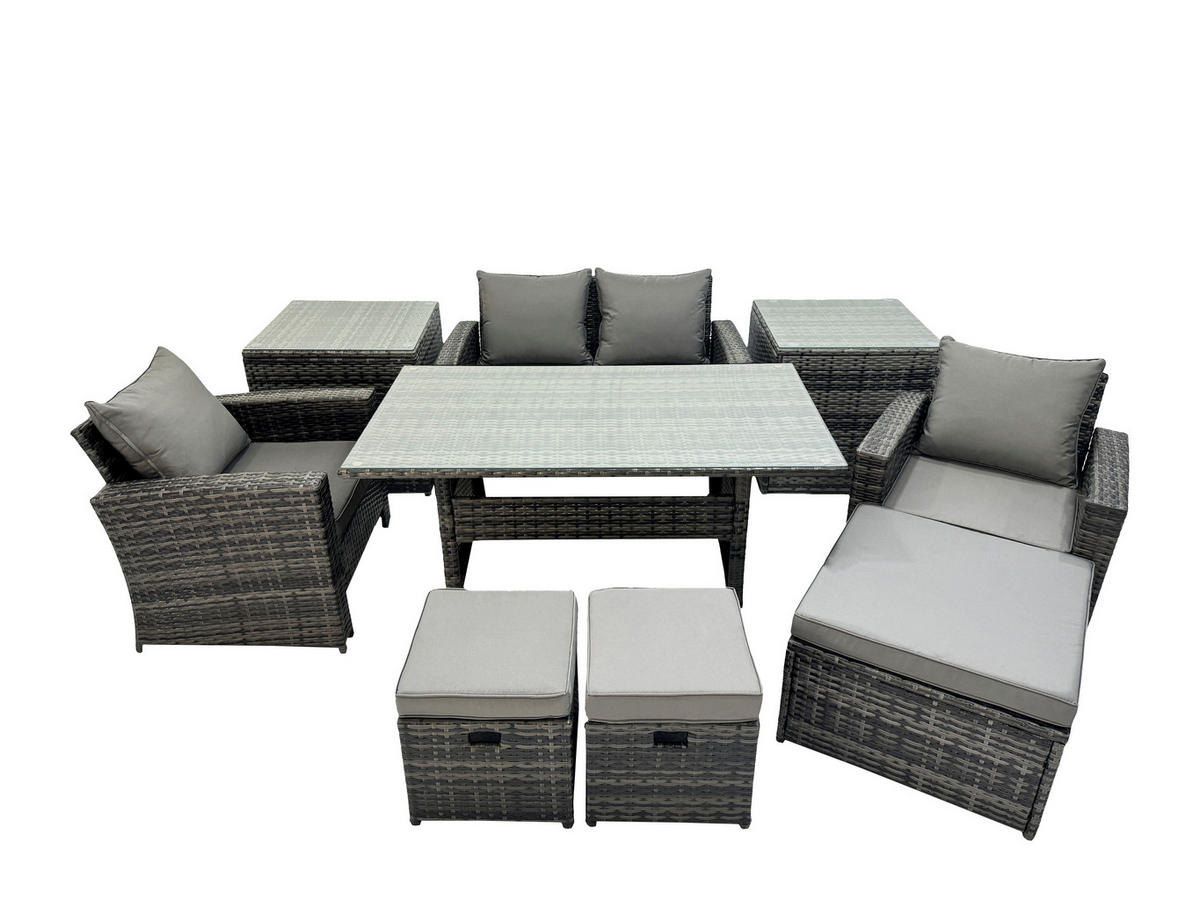 GARTENMÖBELSET mit 2 Sesseln,Zweisitzer,3 Hockern,Esstisch,2 Beistelltischen Polyrattan Dunkelgrau 7-Sitzer - Dunkelgrau/Grau, Glas/Kunststoff - Fimous