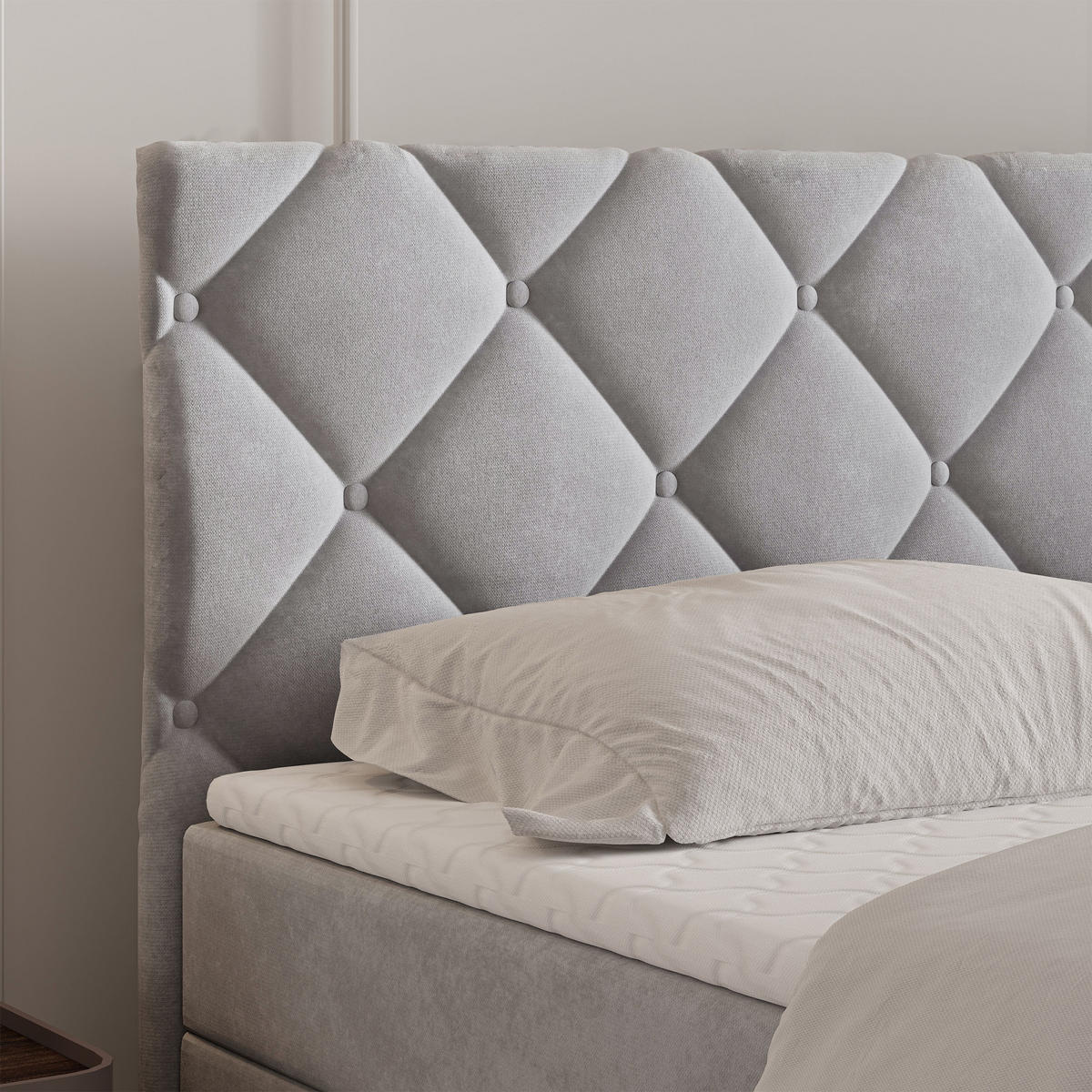 BOXBETT ROVARI 180x200 cm mit Matratze und Topper - Hellgrau - Hellgrau, Holz (180/200cm) - MASSENO