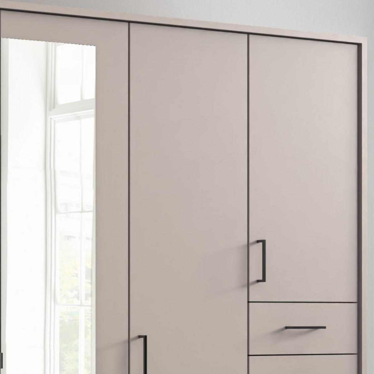 DREHTÜRENSCHRANK Kleiderschrank B273/H210/T58 cm mit Schubkästen & Passepartout & 2 Spiegeltüren, Beige Grau, Griffe schwarz / 22580 - Beige/Schwarz, Holzwerkstoff/Kunststoff (273/210/58cm) - luma-home
