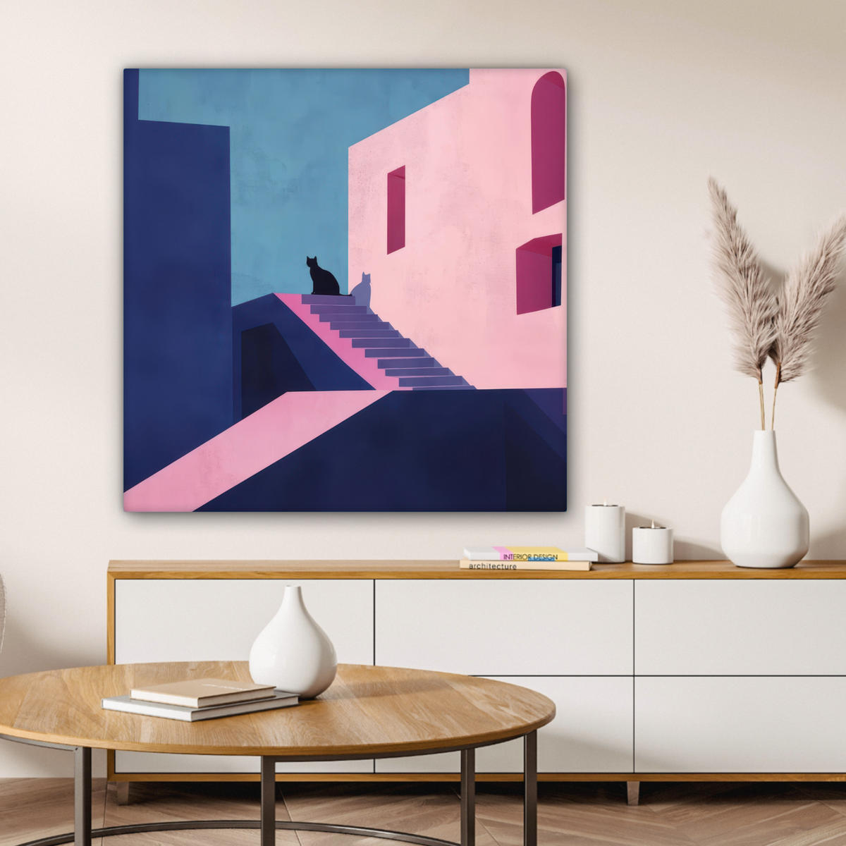 LEINWANDBILD Katze - Treppe - Gebäude - Schattenkontraste Deko Groß 90x90 cm - Dunkelblau, Textil (90/90cm) - MuchoWow