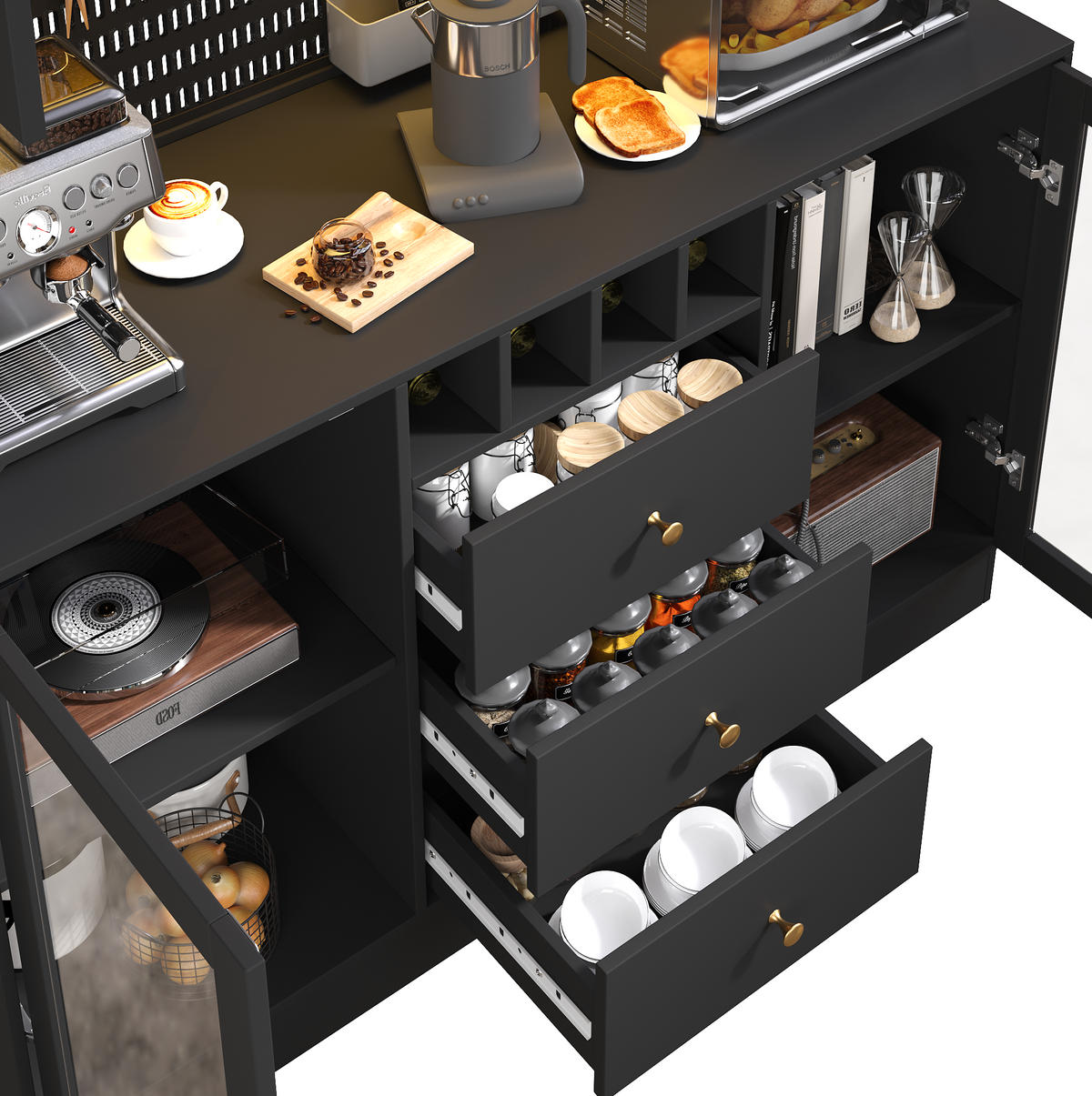 KÜCHENSCHRANK in Schwarz mit LED-Lichtleiste und Schubladen für Küche und Wohnzimmer, B140/T40/H185.7 cm - Transparent/Schwarz, Glas/Holzwerkstoff (140/185.7/40cm) - STILVORA