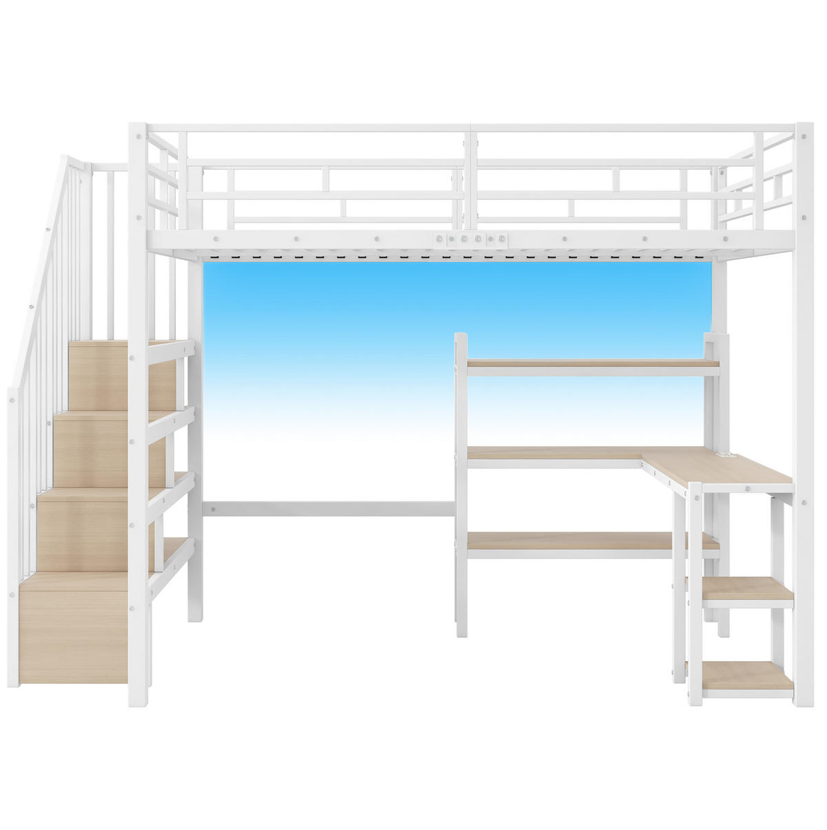 HOCHBETT 140/200 cm weiß aus Metall und MDF mit Schreibtisch und LED - Weiß, Metall (140/200cm) - OKWISH