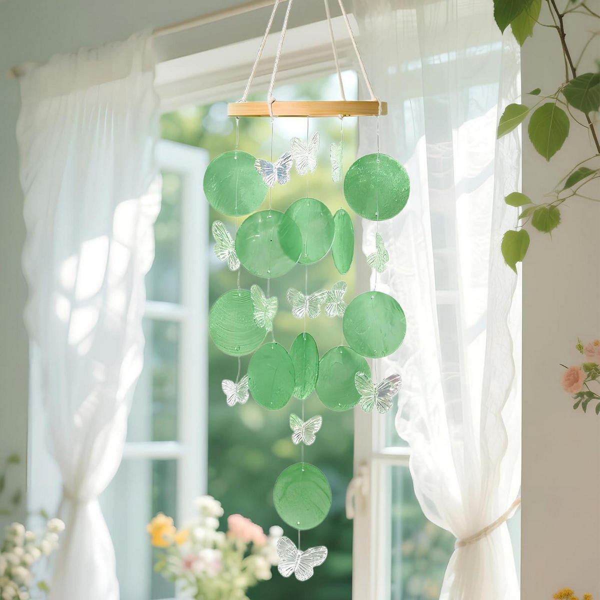 WINDSPIEL Muschel Schmetterling Grün 70 cm - Grün, Naturmaterialien (70/15/12cm)