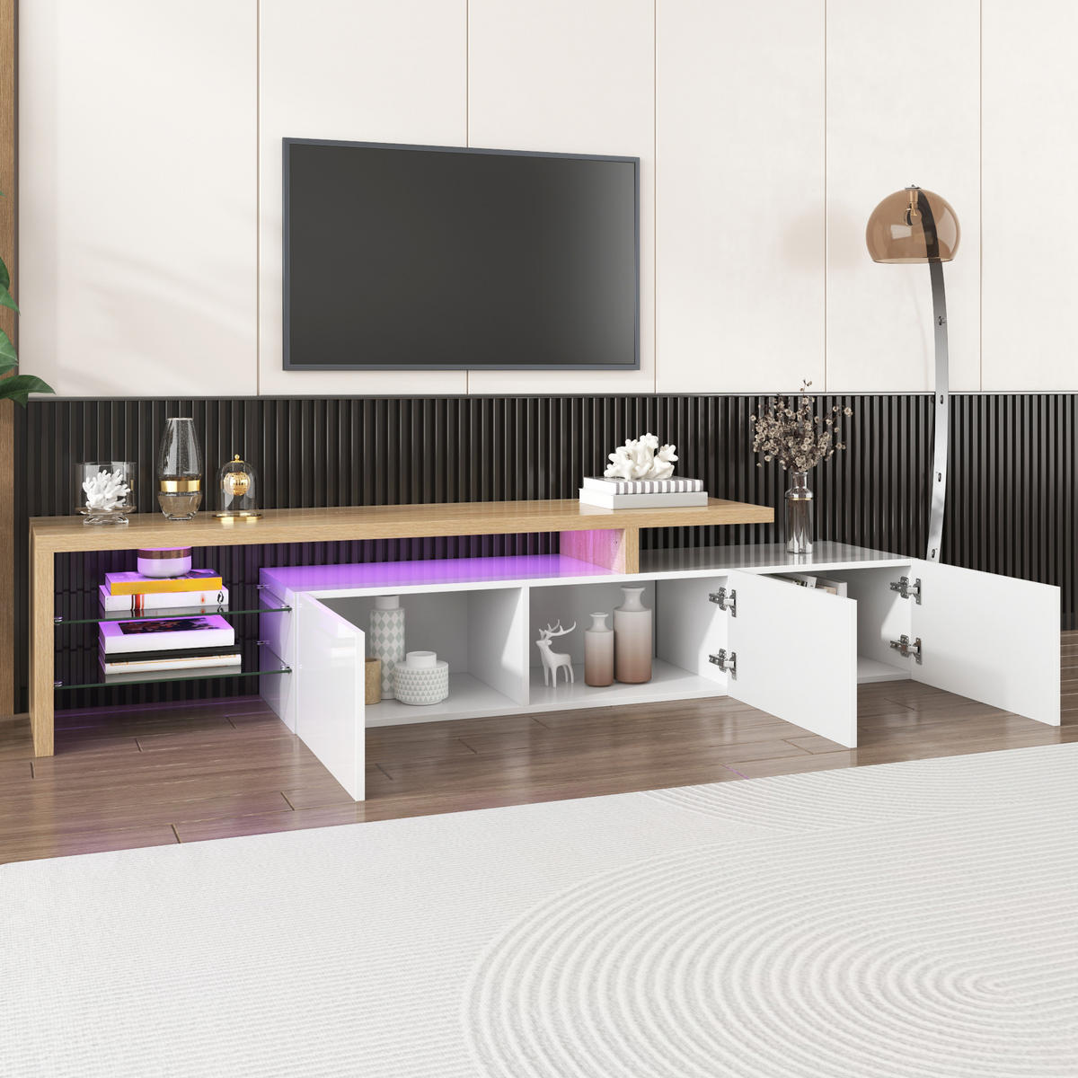TV-ELEMENT 197,5 cm MDF Weiß Holzoptik mit LED-Beleuchtung und Glasböden - Weiß, Holzwerkstoff (39/42/197.5cm) - Korfee