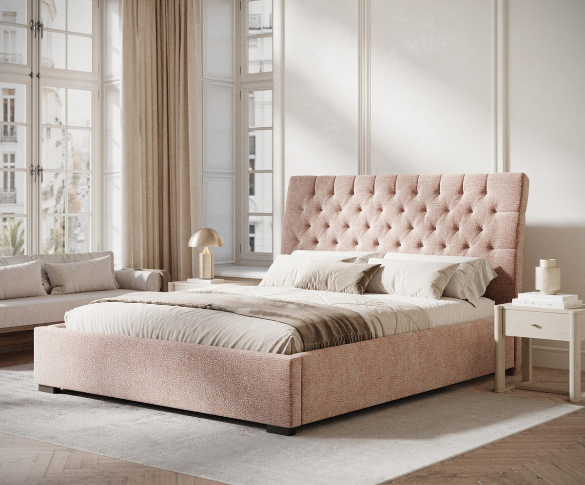 POLSTERBETT Vezzola Rosa 140/200 cm im Chenille-Stoff - Pink/Schwarz, Holz/Holzwerkstoff (140/200cm) - Maison de Reve