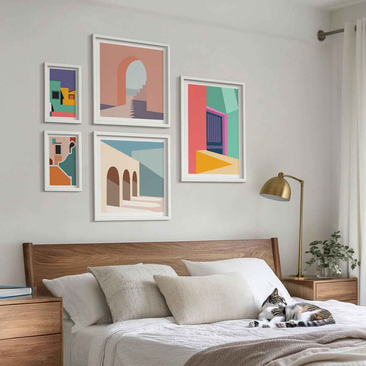 WANDBILDER 5er-Set - 50x50 cm & 20x30 cm & 40x60 cm Weißer Rahmen - Farbenfrohe Illustrationen der Stadt - Weiß, Kunststoff (40/60cm) - ArtPrintCave