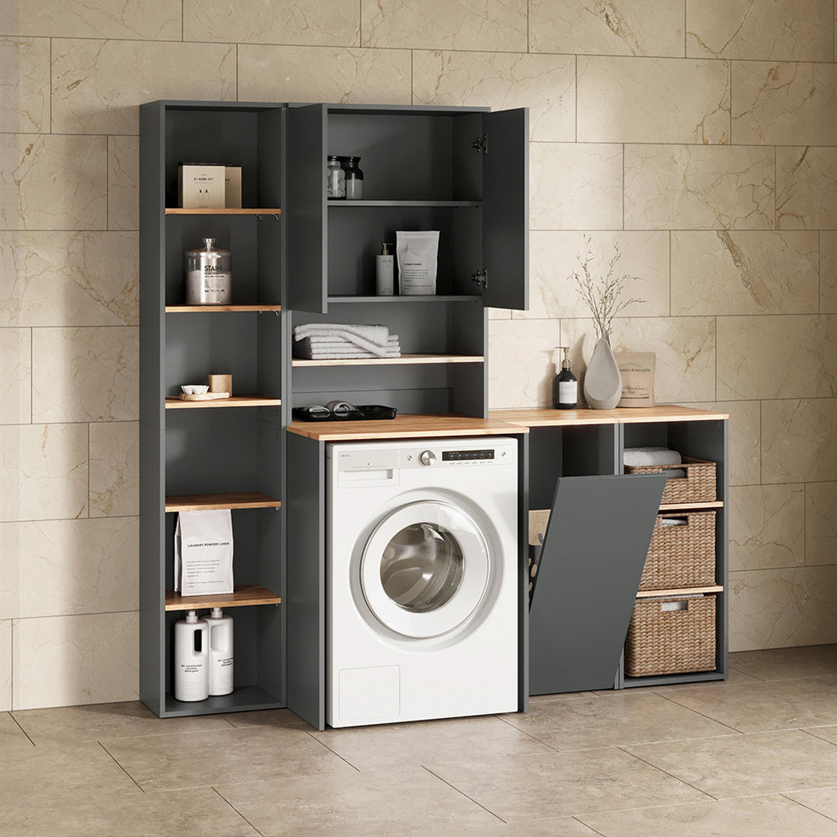 BADSCHRANK Paolina Anthrazit/Goldkraft Eiche 40.2 x 88.2 cm mit Wäschkorb - Anthrazit/Eiche Wotan, Holzwerkstoff (40.2/88.2/40.5cm) - Livinity®