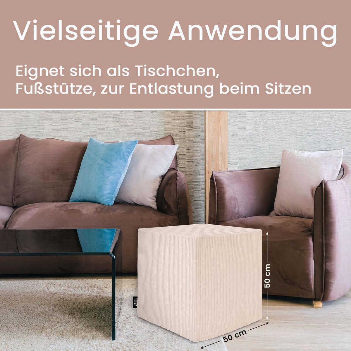 SITZSACK QUBIK HOCKER Sitzwürfel 50/50/50 cm Cord Vanilla Ice - Creme, Textil (50/50/50cm) - Dreamroots