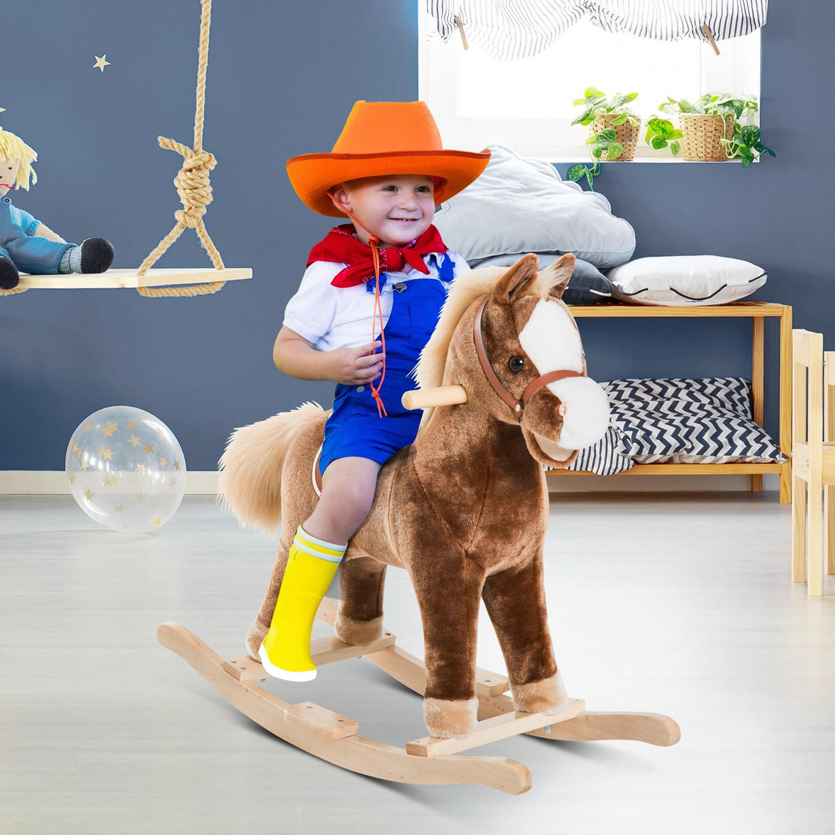 SCHAUKELPFERD DE-18227 im Cowboy-Stil, ab 36 Monaten Braun-Weiß - Braun, Holzwerkstoff (33/62/74cm) - ComfortXL