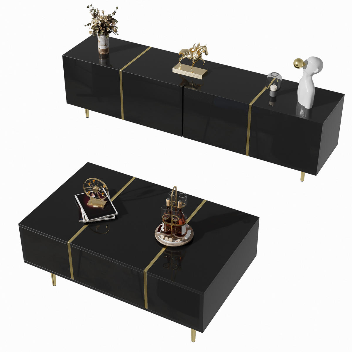 TV-SCHRANK Couchtisch Set schwarz - Schwarz, Holzwerkstoff (170/46/35cm)