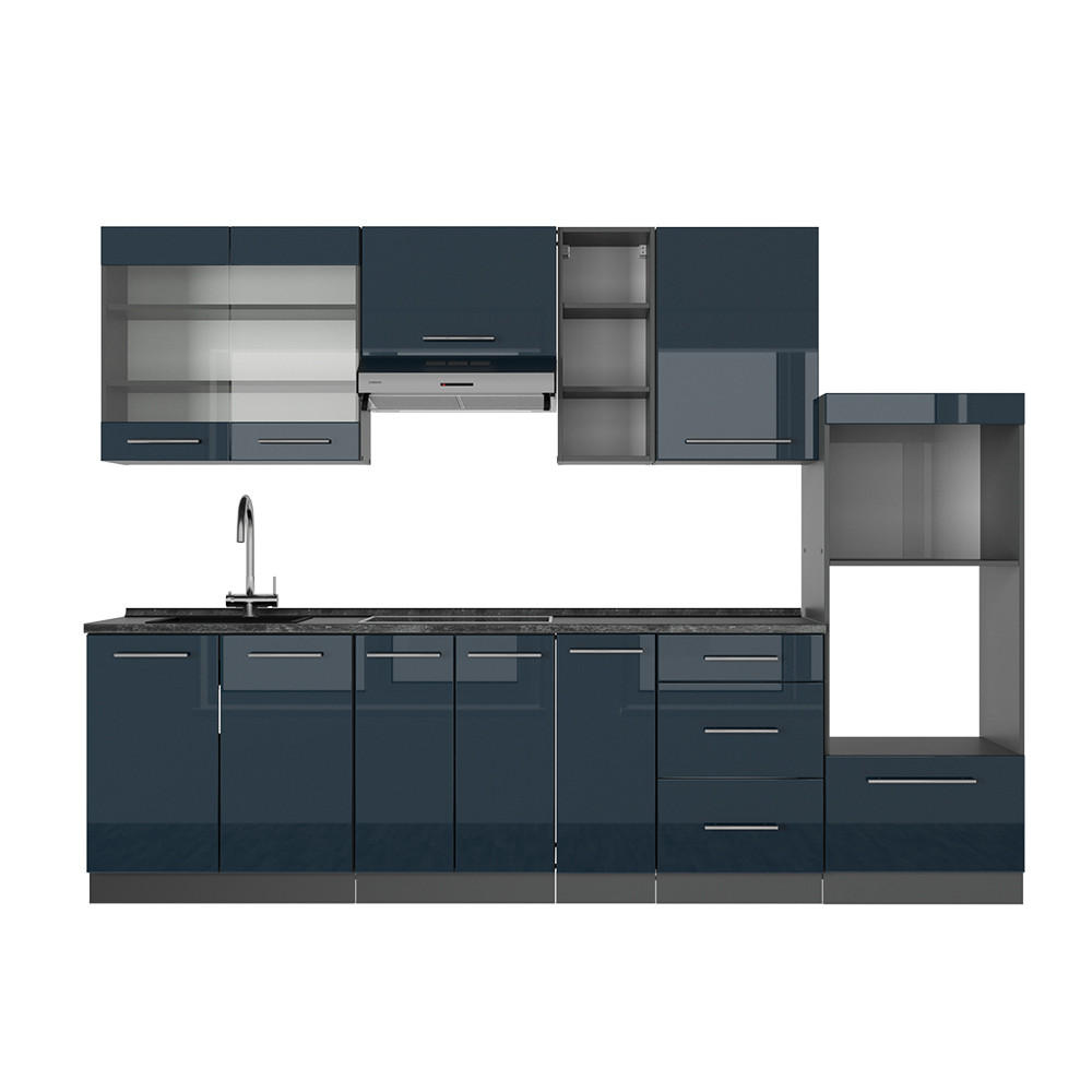 KÜCHENZEILE Fame-Line Dunkelblau Hochglanz/Anthrazit 280 cm ohne AP - Anthrazit/Dunkelblau, Holzwerkstoff (280/81.6/46cm) - Vicco