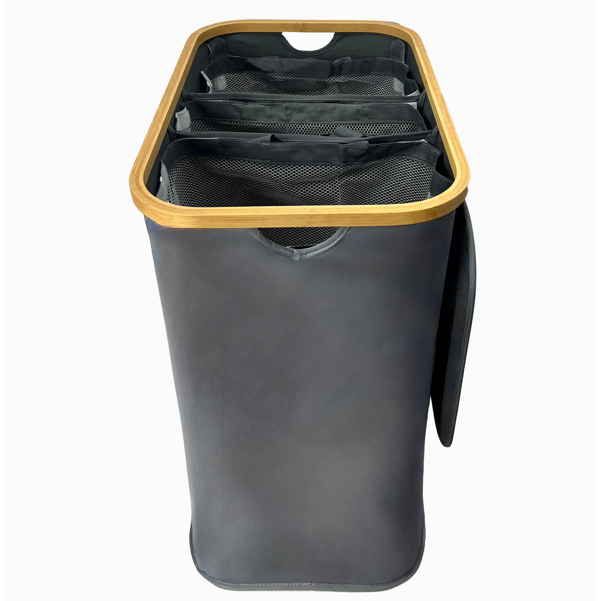 WÄSCHEKORB Bambus Textil Anthrazit mit 3 Fächern 57×37×67 cm - Anthrazit/Naturfarben, Holz/Textil (57/67/37cm) - Begryf
