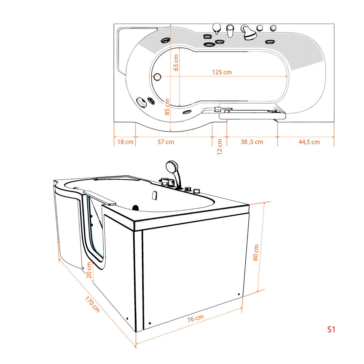 SENIORENBADEWANNE mit Tür S12-EH-R 85x170cm - Weiß, Glas/Kunststoff (170/60/85cm) - AcquaVapore by Sandra Jentho