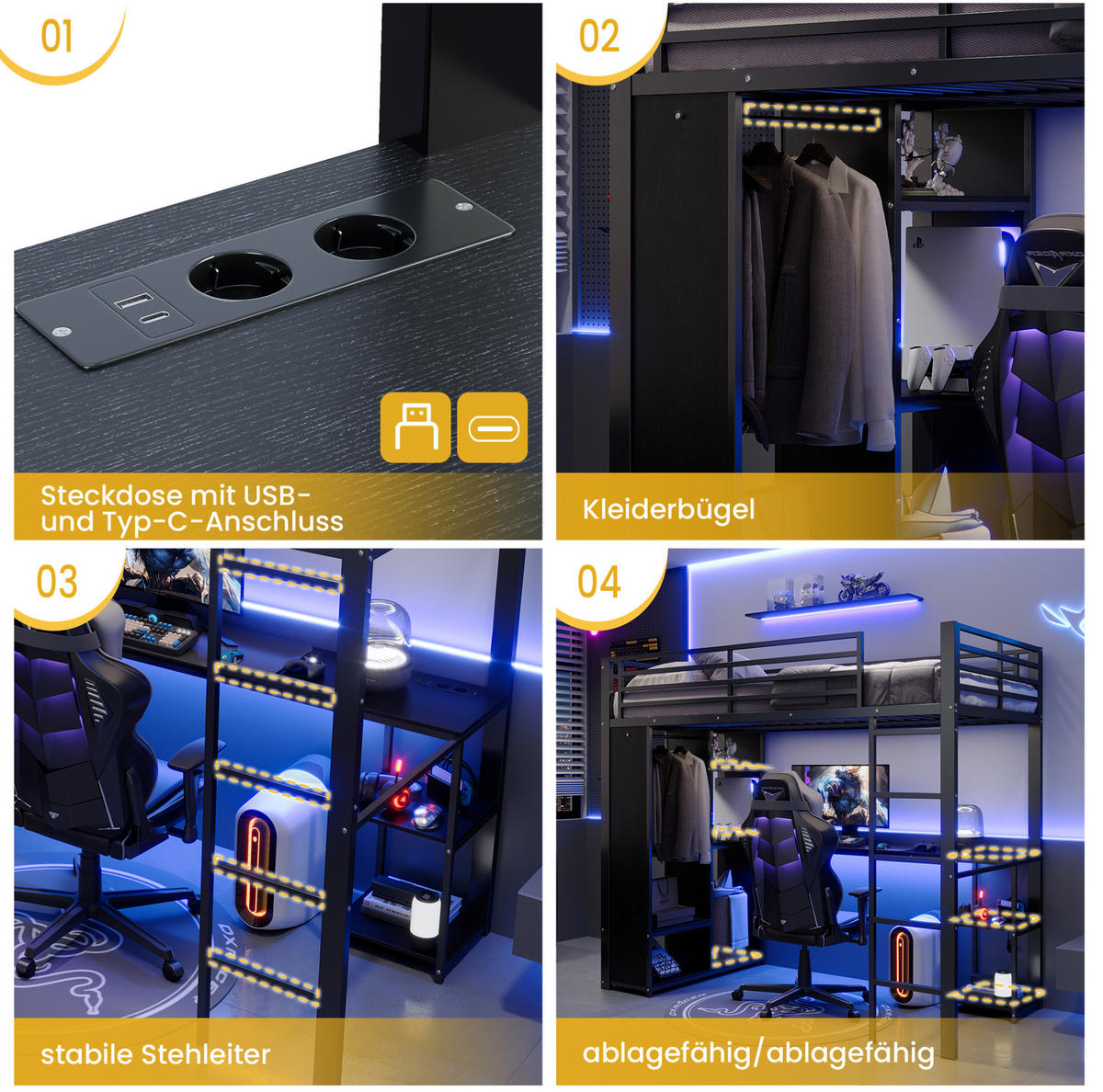 HOCHBETT 90x200 cm in Schwarz mit Schreibtisch, LED-Beleuchtung und offenem Kleiderschrank - Schwarz, Holzwerkstoff (90/200cm) - IVMEU