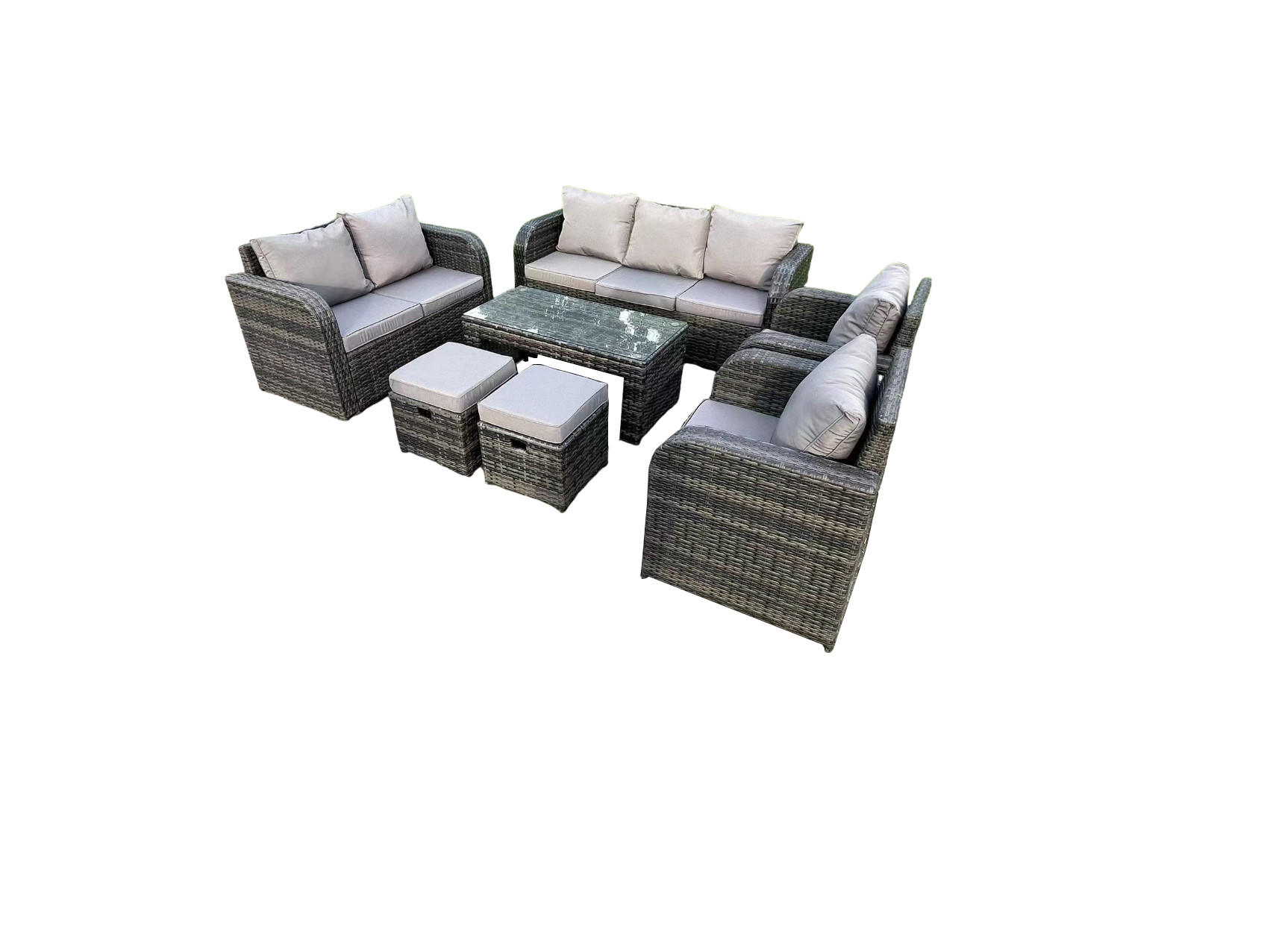 GARTENMÖBELSET mit Couchtisch Polyrattan 9-Sitzer - Dunkelgrau/Grau, Glas/Kunststoff - Fimous