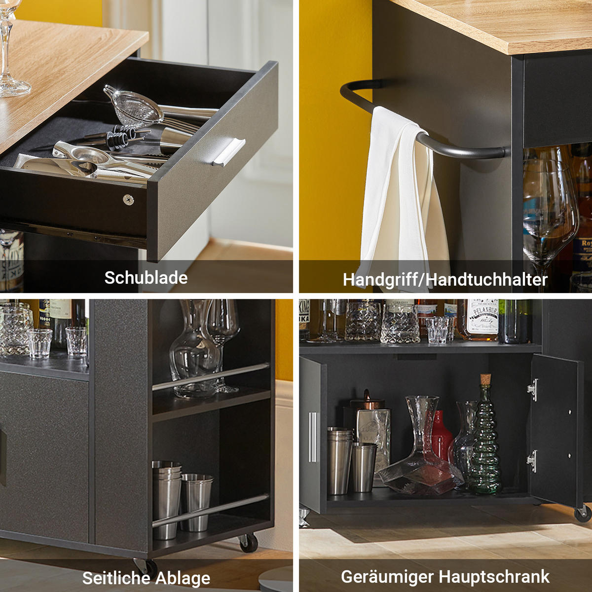 KÜCHENWAGEN mit Arbeitsplatte, Servierwagen, Schwarz - Schwarz, Holzwerkstoff (82/88/46cm) - SoBuy