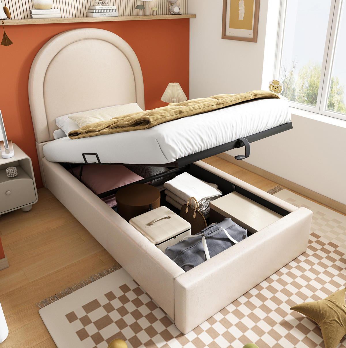 KINDERBETT 90/190 cm mit hydraulischem Bettkasten, Halbkreis-Kopfteil und PU-Bezug, Beige - Beige, Kunststoff (90/190cm) - Redom