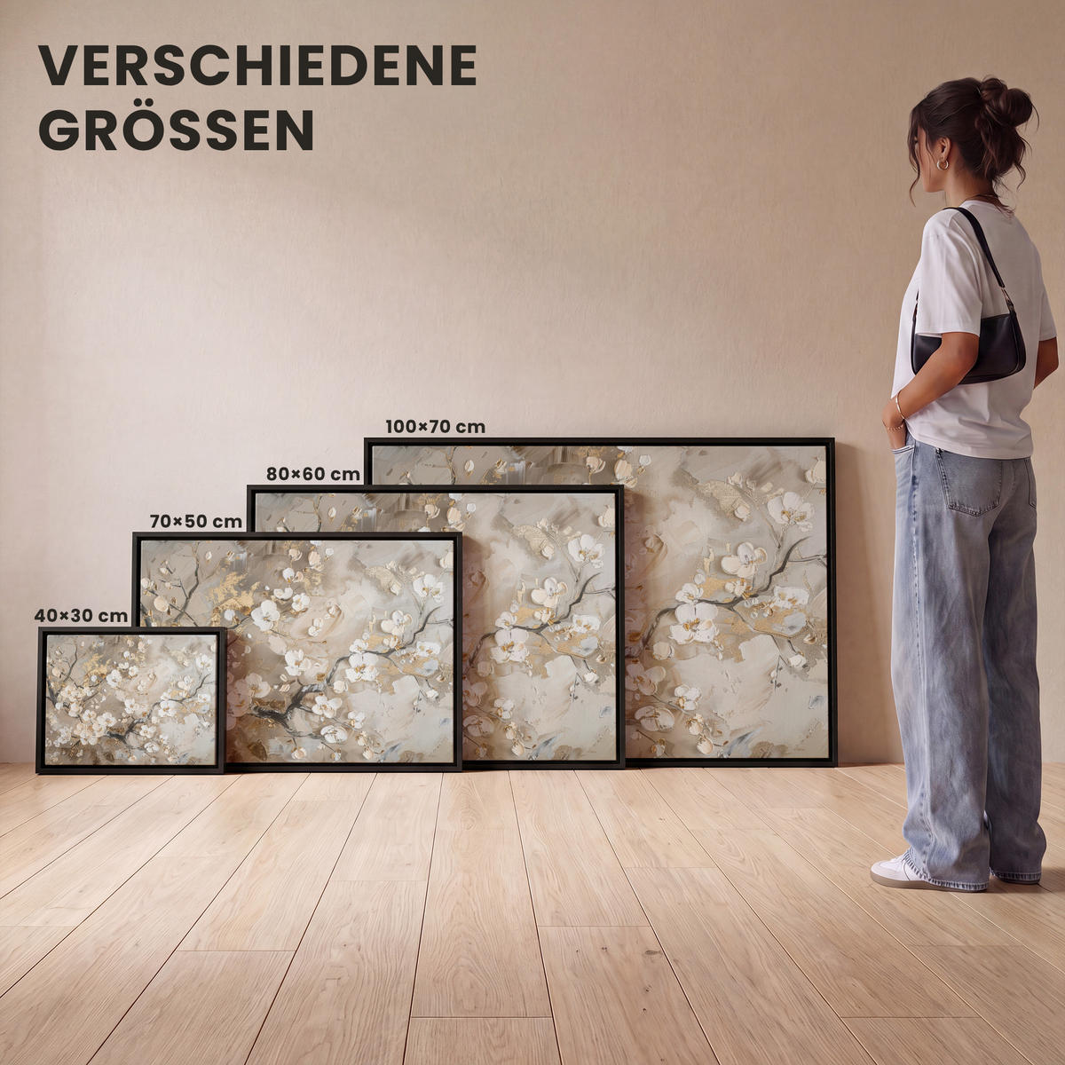 LEINWAND Bilder mit Rahmen - Blumen - Weiß - Gold - Beige - Luxus - 100x70 - Greige, Textil (100/70cm) - MuchoWow