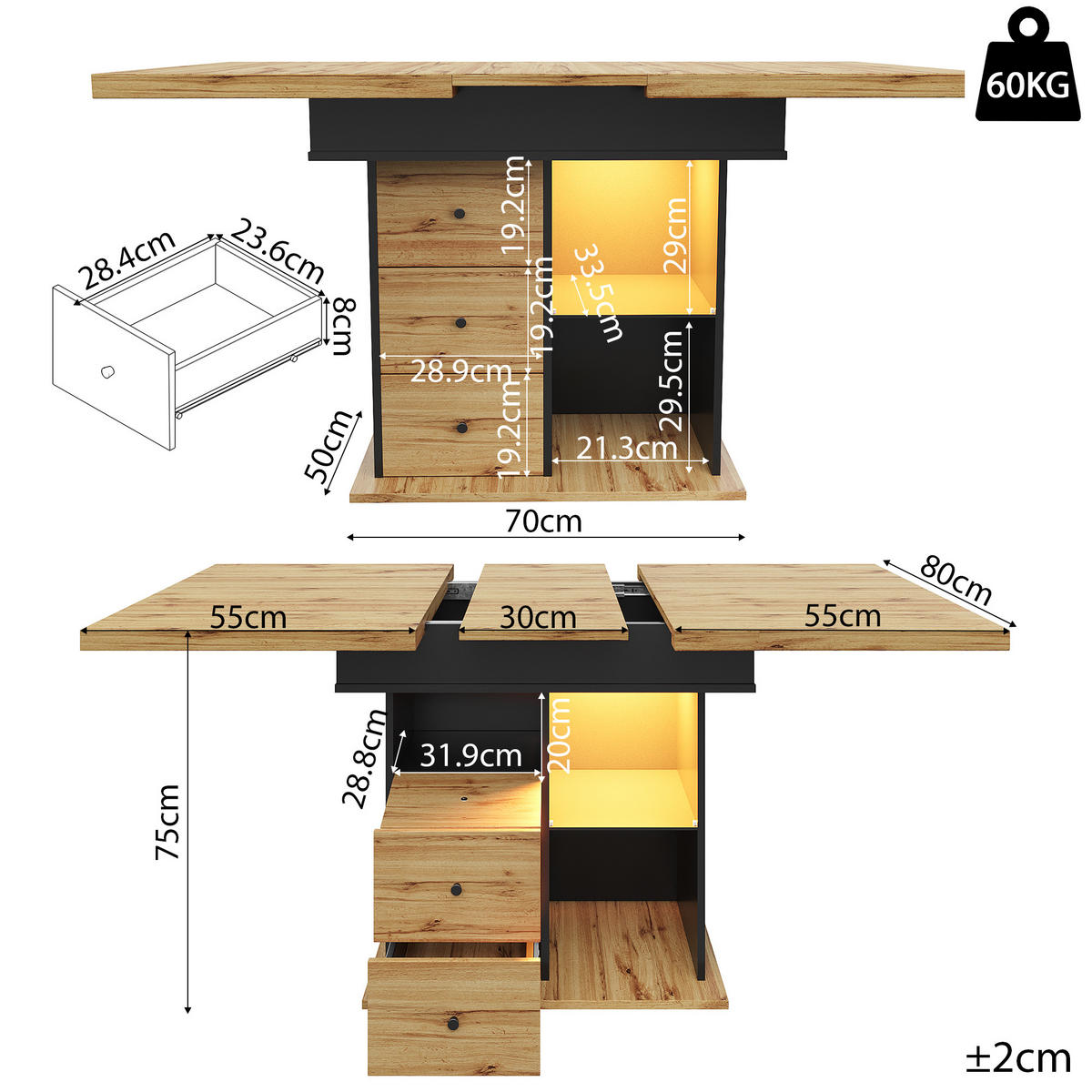ESSTISCH 110-140x80x75 cm in Natur und Schwarz aus MDF mit LED-Beleuchtung ausziehbar - Naturfarben, Holzwerkstoff (140/80/75cm) - Modfu